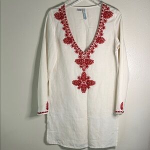 Graham Kandiah New York White Tunic Dress with Red Embroidered V-Neck Size XS